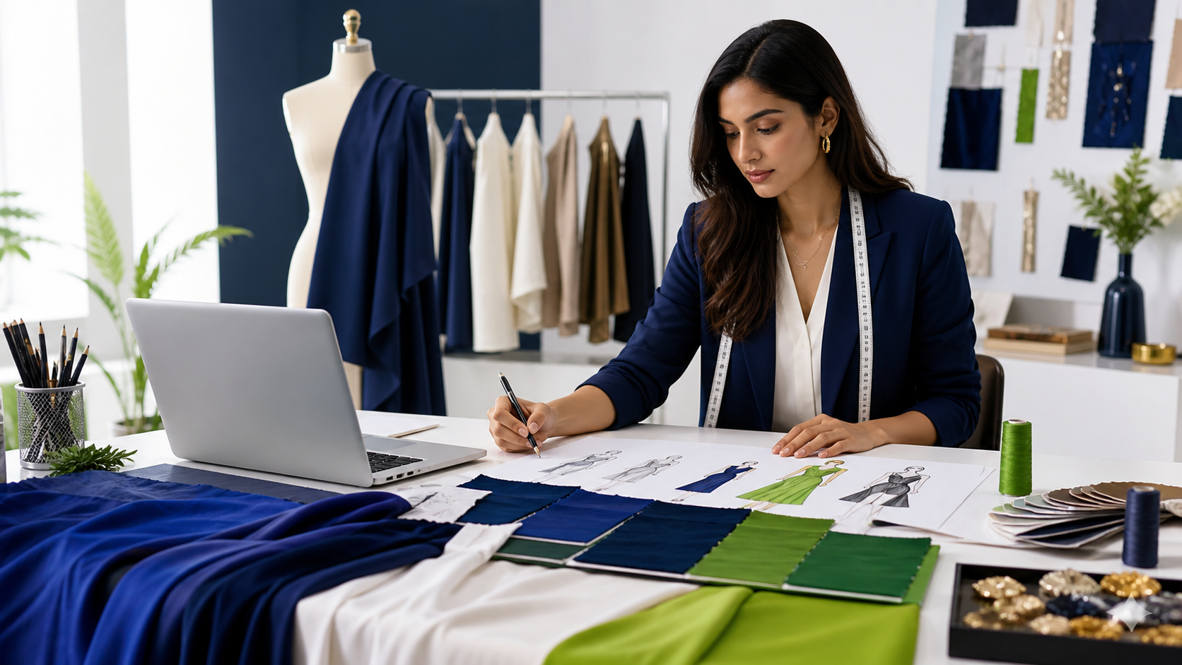 Fashion design studio photo with fabric and sketches