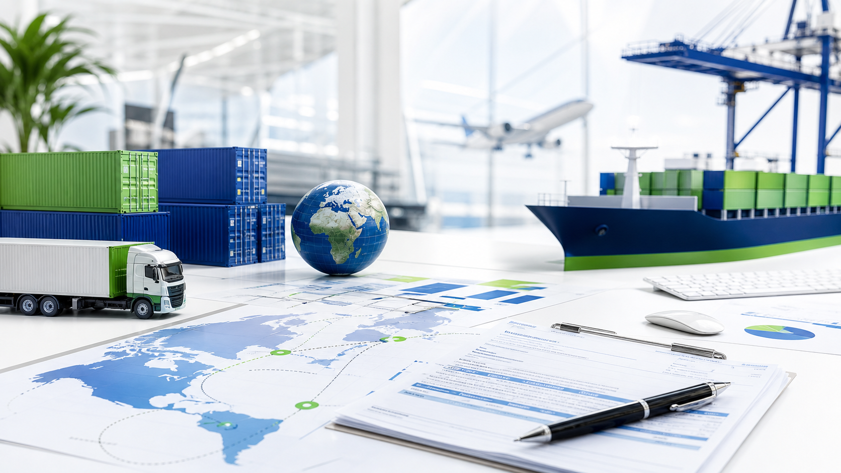 Import and export logistics with cargo documents and global sourcing plan
