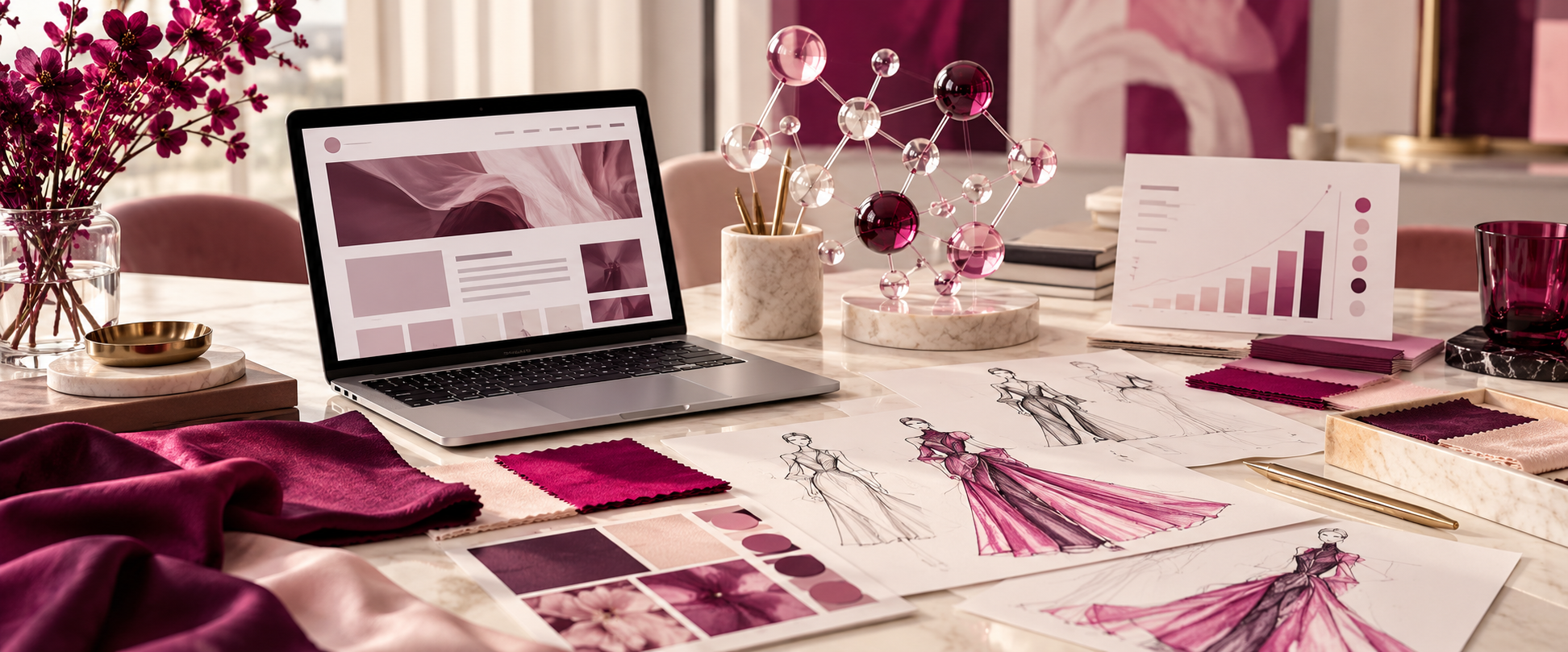 Creative workspace bringing together business planning, fashion concepts, and digital design